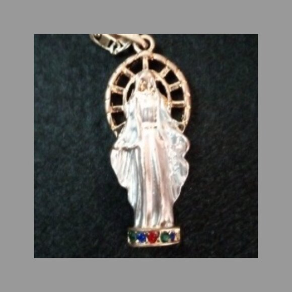 Tri Color Mix Our Lady Of Guadalupe w/ Mix Colored  Stones at her feet necklace - Picture 6 of 8